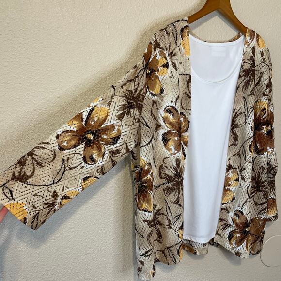 Alfred Dunner Floral Boho Open Front Mesh Cardigan Attached Cami White Brown XL - Picture 9 of 11